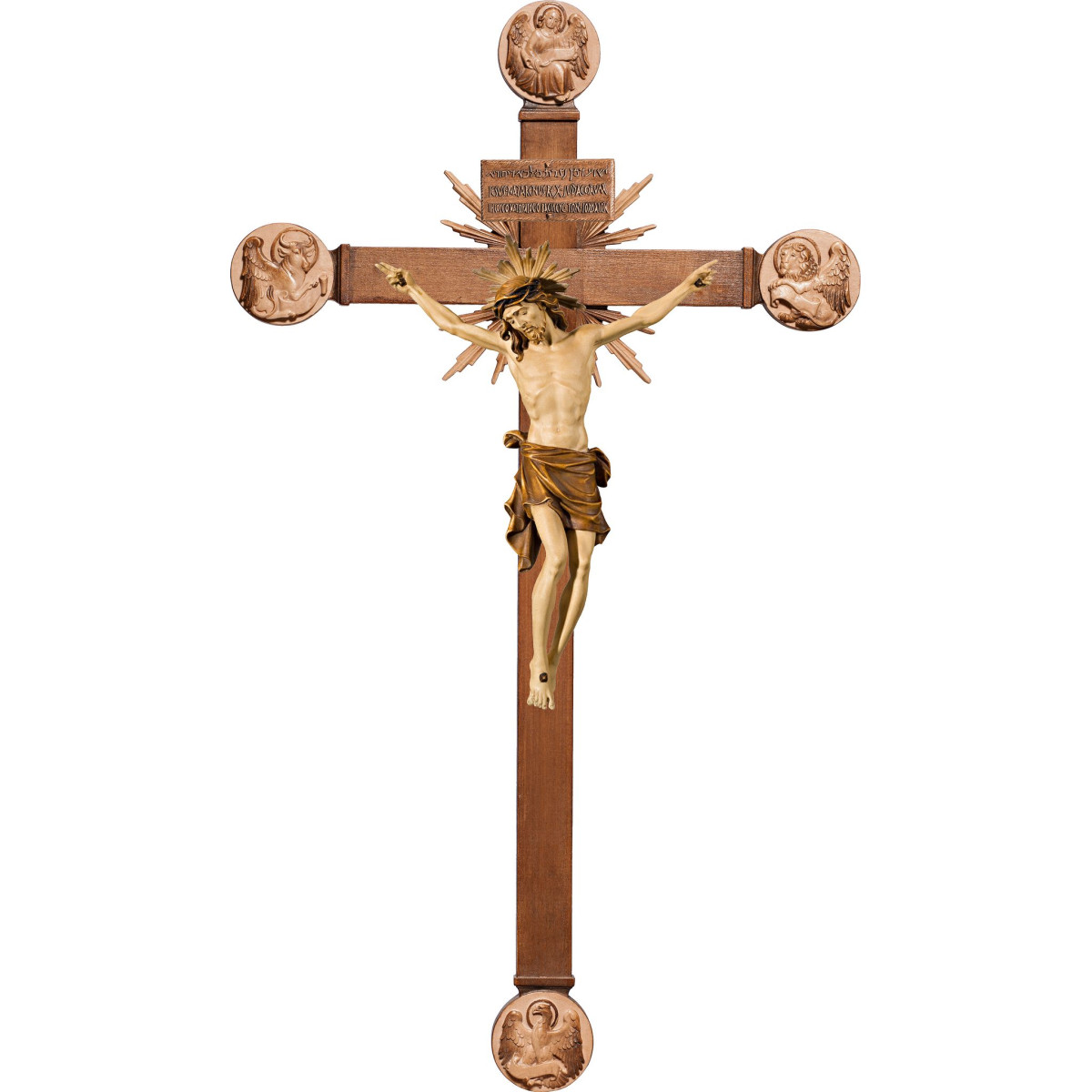 Cristo Pisa en cruz con Evangelistas y rayos con Titulus Crucis en hebreo - latín - griego